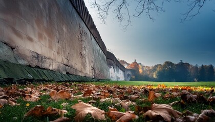 Wall Mural - an old wall with fallen grass and dead leaves on the ground