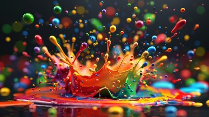 Wall Mural - a vibrant paint splash exploding in mid-air, with droplets of multiple colors flying outward in a dy