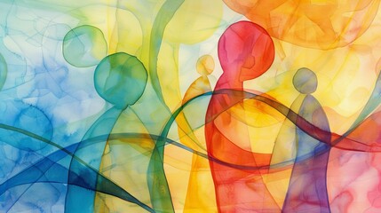 Abstract watercolor people art. Colorful, flowing shapes in watercolor depicting a group of people.