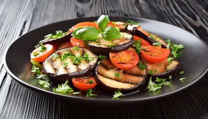 Poster - a grilled eggplant and tomato salad on a black plate