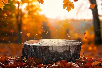 Wall Mural - Beautiful autumn landscape with stump in the forest. Colorful foliage in the park. Falling leaves natural background. Mockup podium for product presentation.