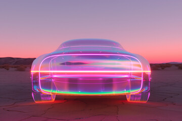 futuristic electric car with neon lights in a desert at sunset, showcasing technology and innovation