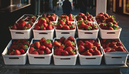 Wall Mural - a photograph of strawberries in white boxes arranged neatly displayed at an outdoor market stall