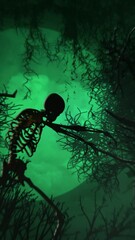 Wall Mural - vertical skeleton walk in haunted forest green haze 4k loop features a forest with a green glow and 