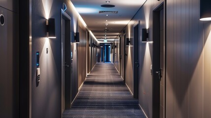 Modern Hotel Corridor with Surveillance Cameras for Enhanced Safety and Guest Security