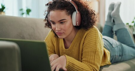 Poster - Girl, laptop and headphones on couch in home with smile, listen and relax with subscription in living room. Woman, person and happy on computer, streaming or search for song at apartment in Colombia