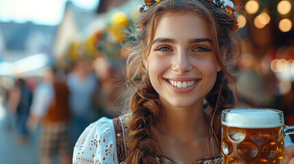 beautiful young woman in traditional German costume holds a mug of beer against the background of the Oktoberfest festival in Germany, Munich, Bavaria, drink, national, autumn, October, fair, alcohol