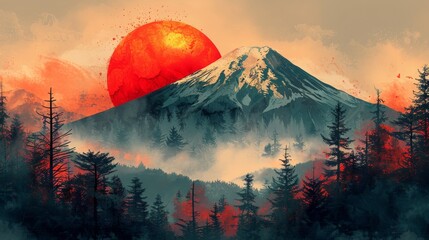 A Japanese background with grunge texture modern. A abstract landscape banner with mountain forests on a wide background.