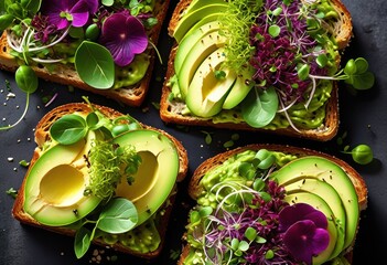 Wall Mural - delicious gourmet avocado toast topped fresh microgreens, healthy, tasty, meal, brunch, appetizing, culinary, ripe, nutritious, organic, vegetarian