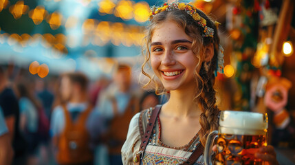 beautiful young woman in traditional German costume holds a mug of beer against the background of the Oktoberfest festival in Germany, Munich, Bavaria, drink, national, autumn, October, fair, alcohol