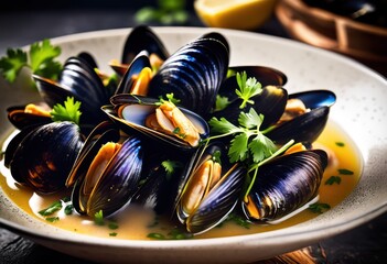 freshly steamed mussels flavorful white wine seafood delicacy aromatic cooking liquid, broth, freshness, shellfish, ocean, cuisine, delicious, gourmet, culinary