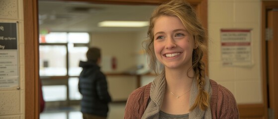 Poster - A young woman smiles shyly. AI.