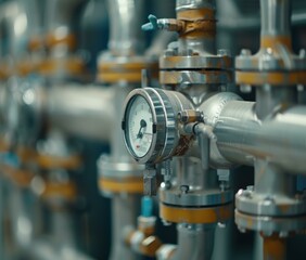 Sticker - Close-up of a pressure gauge on an industrial pipe. AI.