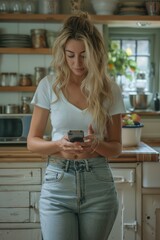 Poster - A young woman is looking at her phone in the kitchen. AI.