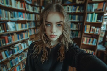 Poster - Portrait of a young woman standing in a library. AI.