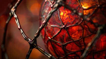 Poster - Close-up of a red glowing orb with a metal net around it. AI.