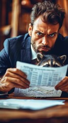 Poster - A man is reading a newspaper with a raccoon on his shoulder. AI.