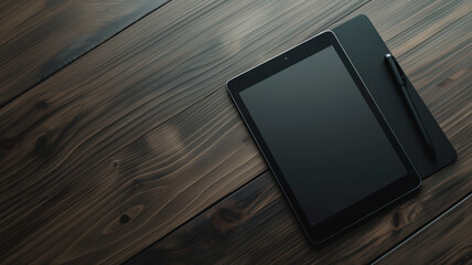 Digital tablet with black screen and stylus on dark wooden desk. Stylus rests on a black cover next to the tablet, ready for use in a modern workspace