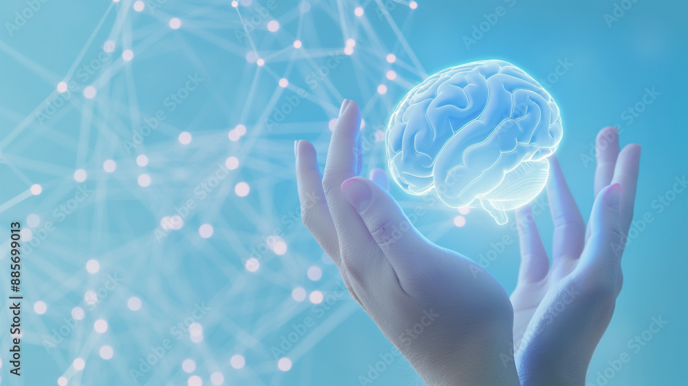 Hands holding a glowing holographic brain with neural network ...