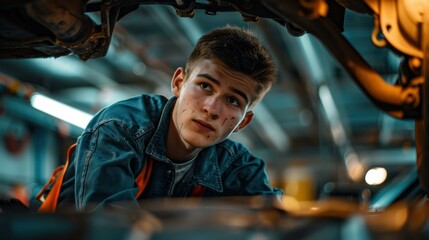 Canvas Print - A young mechanic looking under a car. AI.