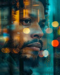 Wall Mural - Portrait of a man looking out a window, with a reflection of the city lights on the glass. AI.