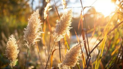 Wall Mural - A beautiful shot of some plants in a field with the sun rising in the background. AI.