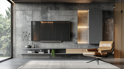 Wall Mural - In the living room with a concrete wall there is a TV cabinet mounted on the wall, next to which there is an elegant armchair.