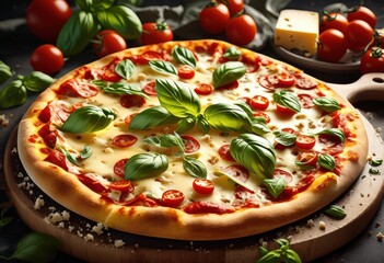 Wall Mural - delicious gourmet cheese pizza topped fresh basil leaves, tasty, food, meal, italian, crust, mozzarella, savory, culinary, appetizing, cuisine, vegetarian