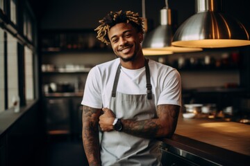 Wall Mural - Portrait of a young smiling male chef in kitchen