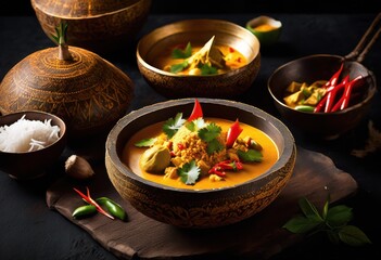 Wall Mural - steaming thai curry coconut shell dark exotic cuisine concept, background, food, spicy, traditional, delicious, aromatic, flavorful, hot, asia, ingredient