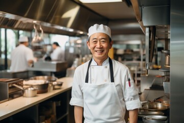 Wall Mural - Portrait of a smiling middle aged male chef in kitchen