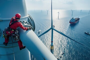 Wall Mural - a man in red shirt and red helmet on top of a wind turbine