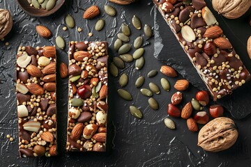 Wall Mural - Energy bars with nuts and seeds covered with chocolate on dark background