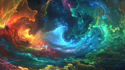 Wall Mural - An abstract fantasy illustration with dynamic, vibrant colors creating a surreal and otherworldly atmosphere.