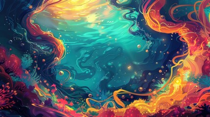 Wall Mural - An abstract illustration of a fantastical sea, with bright, swirling colors and surreal elements creating a vivid underwater scene.