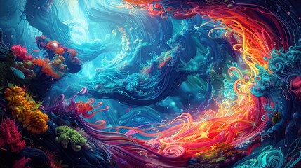 Wall Mural - An abstract illustration of a fantastical sea, with bright, swirling colors and surreal elements creating a vivid underwater scene.