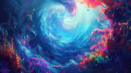 Wall Mural - an abstract illustration of a fantastical sea, with bright, swirling colors and surreal elements cre