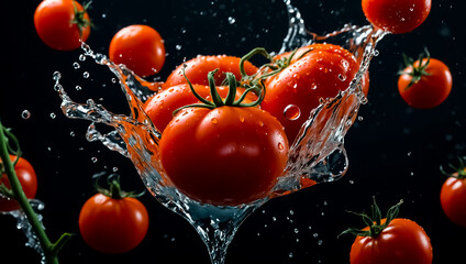 Canvas Print - ripe tomatoes, splashes of water on a dark background