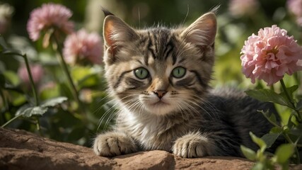 Wall Mural - AI generated illustration of a cute tabby kitten with green eyes lying on a rock