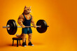 © oliamogdaleva - Cat bodybuilder in sportswear with a barbell on an orange background. Fitness and healthy lifestyle concept.