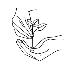 Wall Mural - one hand carefully holds a young plant, the other holds it, close-up, one-line vector drawing