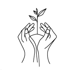 Wall Mural - Two hands gently hold a handful of earth with a young plant, close-up, one-line vector drawing 