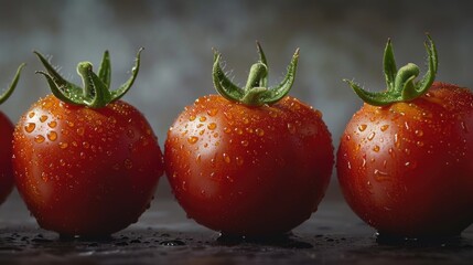 Wall Mural - Fresh tomatoes with water droplets on the surface, perfect for a still life or culinary-themed image