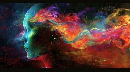 Wall Mural - an artistic interpretation of a head profile, with vibrant abstract colors emanating from the mind l
