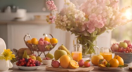 Wall Mural - Defocused arrangements of flowers and fruits adding a touch of natural beauty to the brunch scene 4k animation