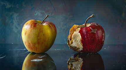 Two apples, one fresh and one decayed, side by side on a reflective surface, representing contrast and the passage of time.