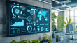 © Maksym - A digital control panel in a corporate sustainability office, featuring icons of various CSR projects and their progress metrics.