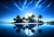 © Lied - A tropical island with palm trees silhouetted against a large, glowing blue moon in a starry night sky, reflected in the calm ocean waters below