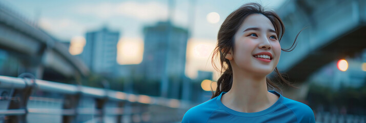 Wall Mural - Asian woman jogging in the city.