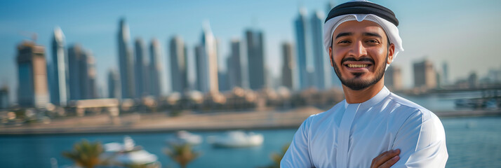 Arab businessman wearing Thobe smiles with confidence in the city.